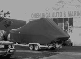 Boat storage cover, using forrest green Sunbrella canvas.